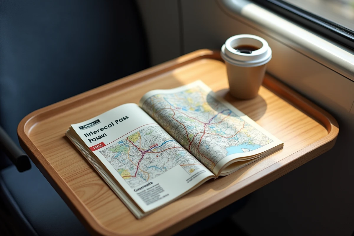 Pass Interrail et carte du réseau ferroviaire posés sur une tablette de siège dans un S-Bahn