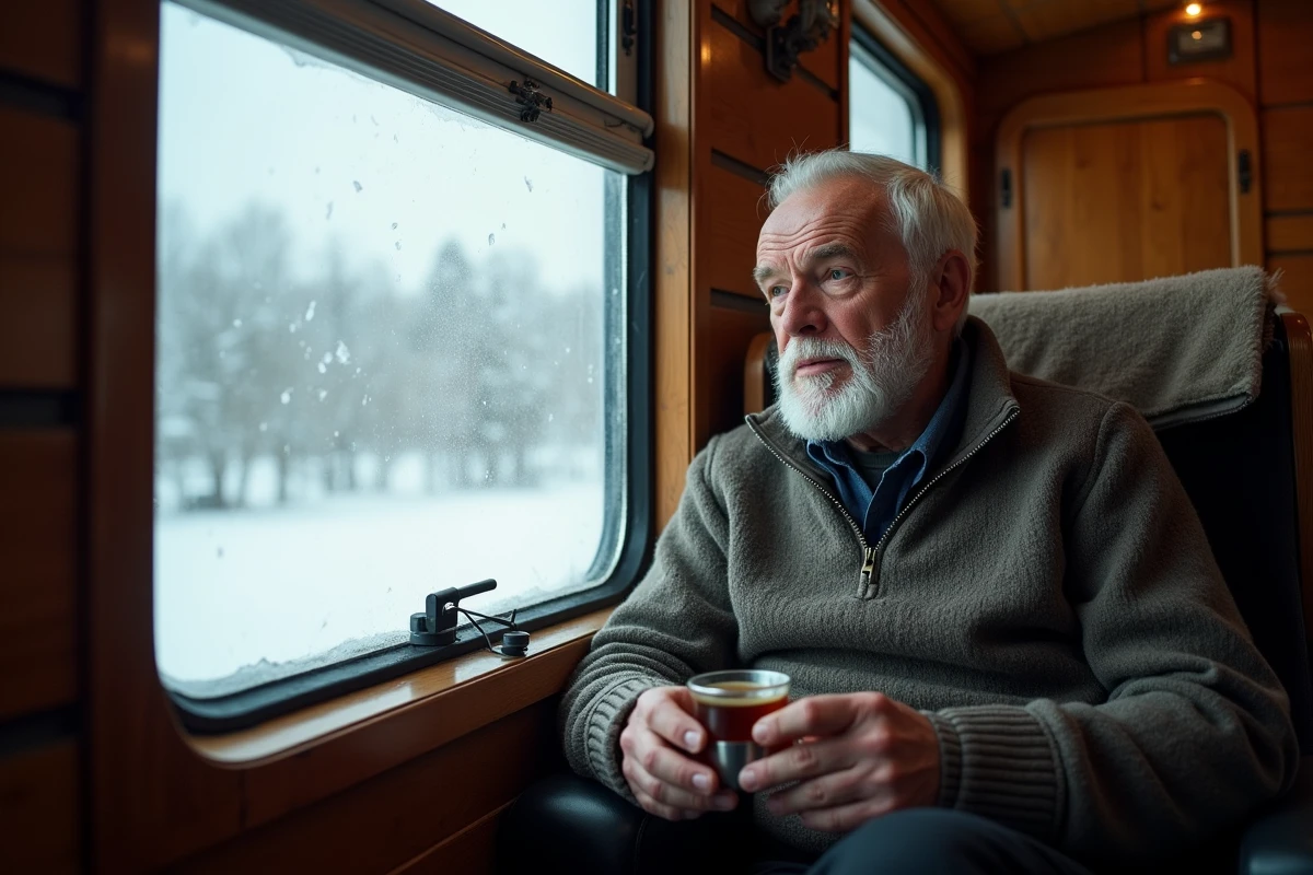 Passager du Transsibérien buvant du thé dans un compartiment en bois avec vue sur la neige par la fenêtre