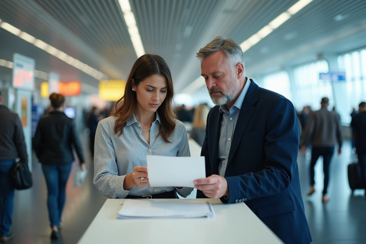 Deux passagers au comptoir d'enregistrement d'un aéroport examinant un document de vol, illustrant les démarches pour transférer un billet d'avion à une autre personne