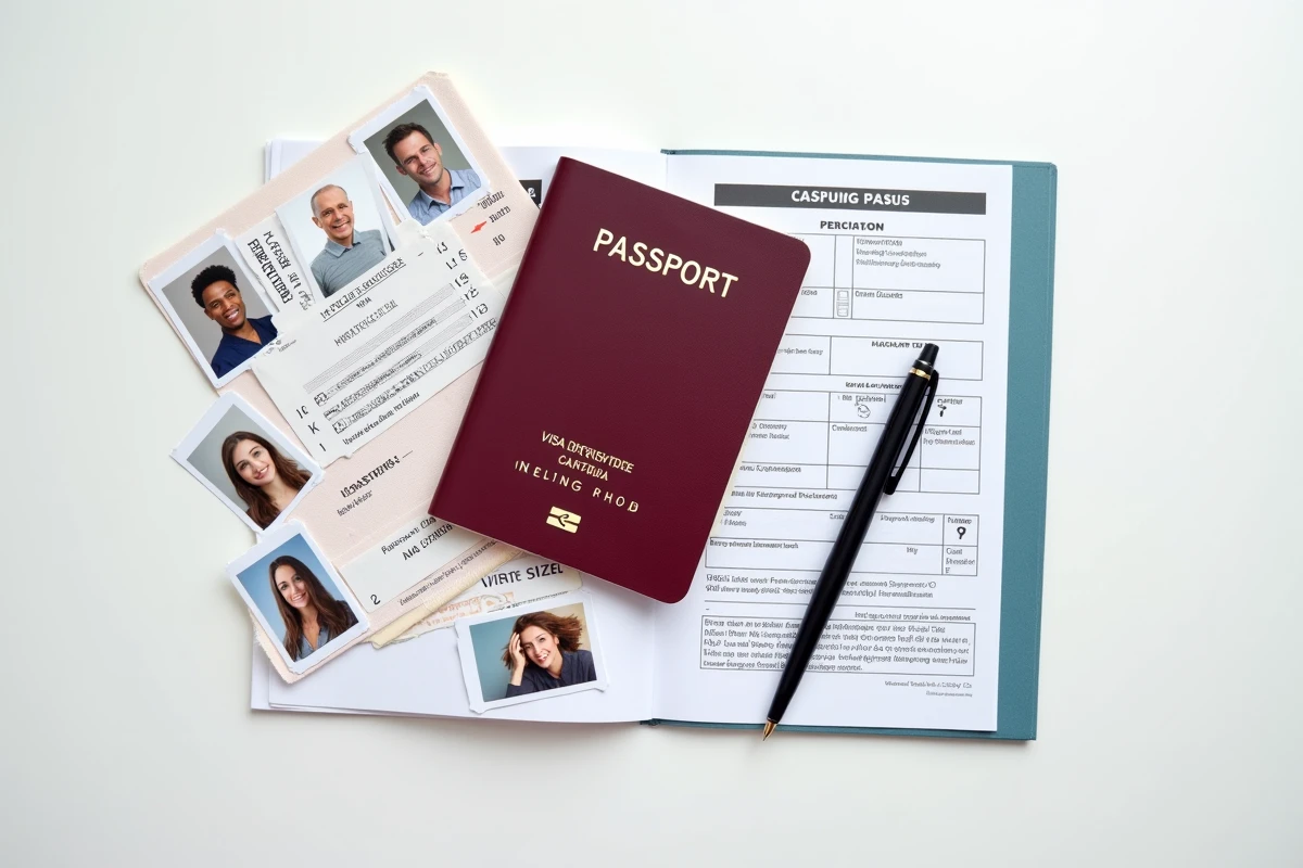 Vue de dessus d'un passeport, formulaire de visa, photos d'identité et stylo disposés sur un bureau blanc pour une demande de voyage