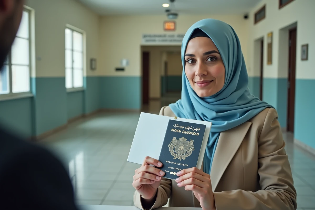 Femme marocaine présentant son passeport marocain à un guichet administratif au Maroc