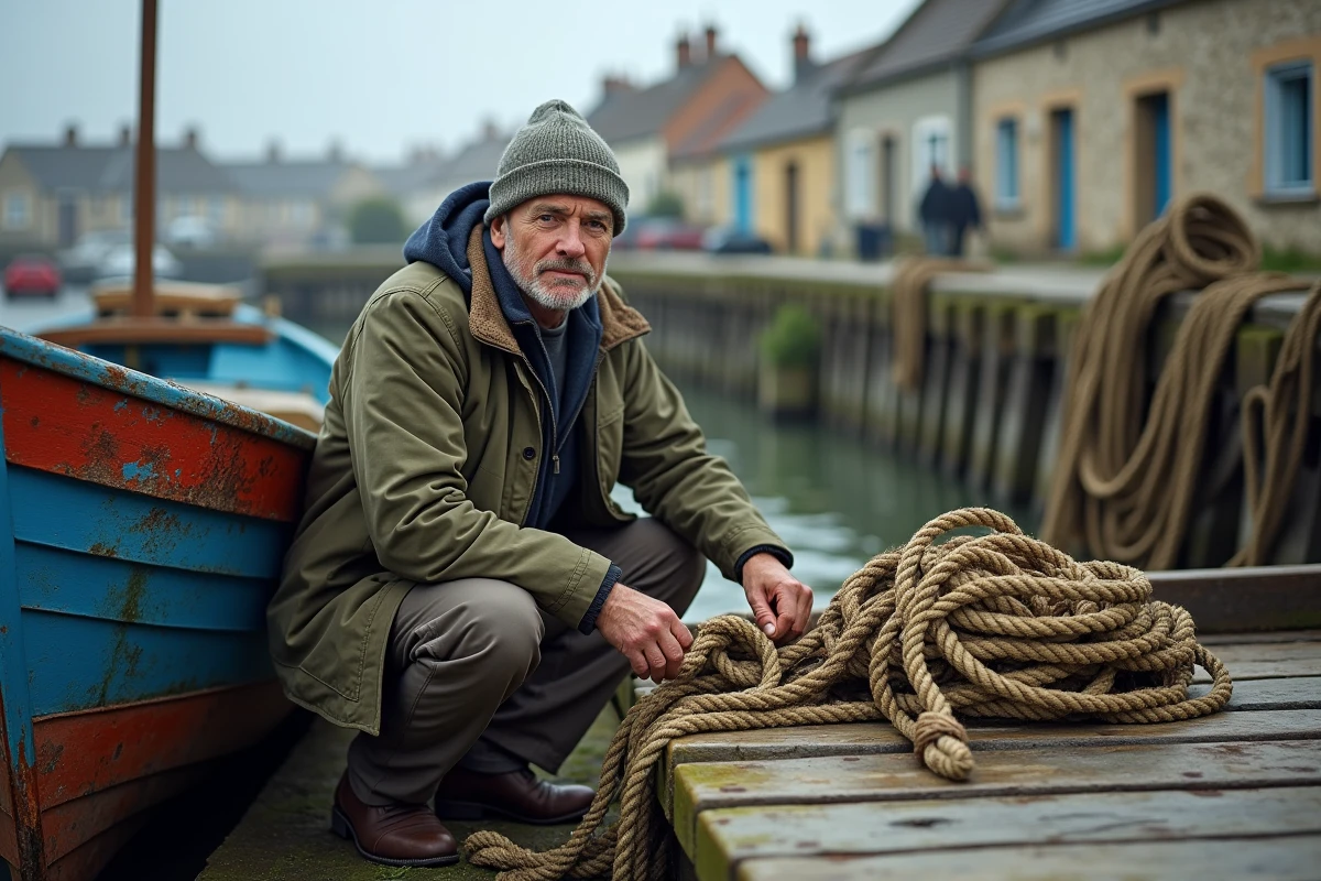 Pêcheur au port de Saint-Valery-sur-Somme examinant des cordages près d'un bateau traditionnel au printemps