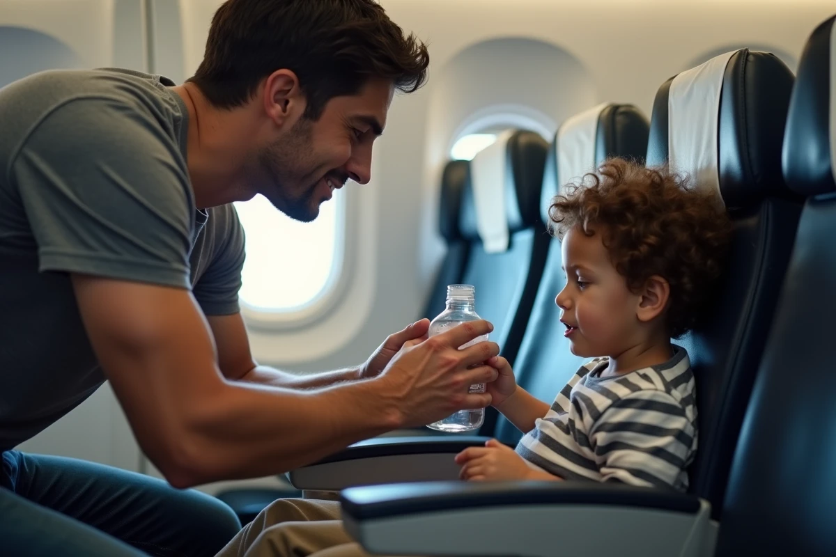 Père donnant une bouteille d'eau à son jeune fils dans un avion pour soulager la pression dans les oreilles