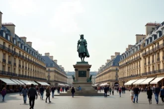 Vue panoramique de la Place de la République à Paris avec la statue de Marianne et les passants sur la place pavée
