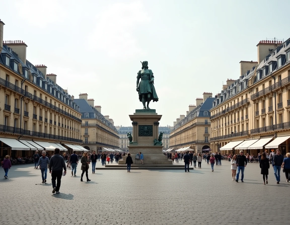 Vue panoramique de la Place de la République à Paris avec la statue de Marianne et les passants sur la place pavée