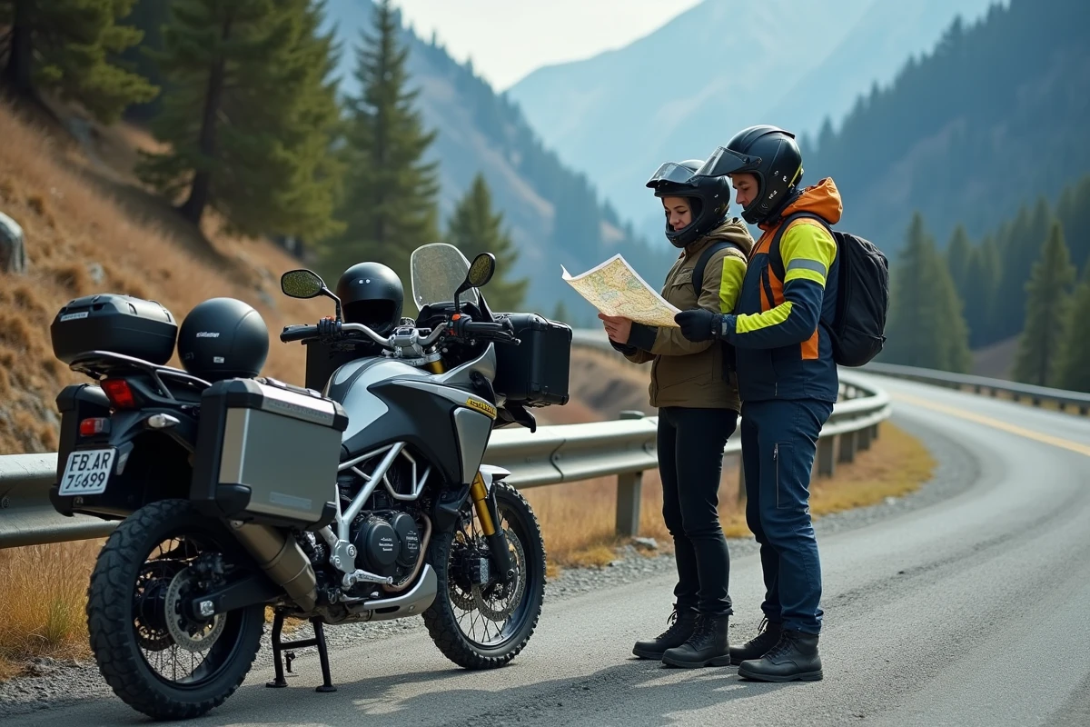 Deux motards en tenue de route consultant une carte sur le réservoir lors d'une pause en montagne