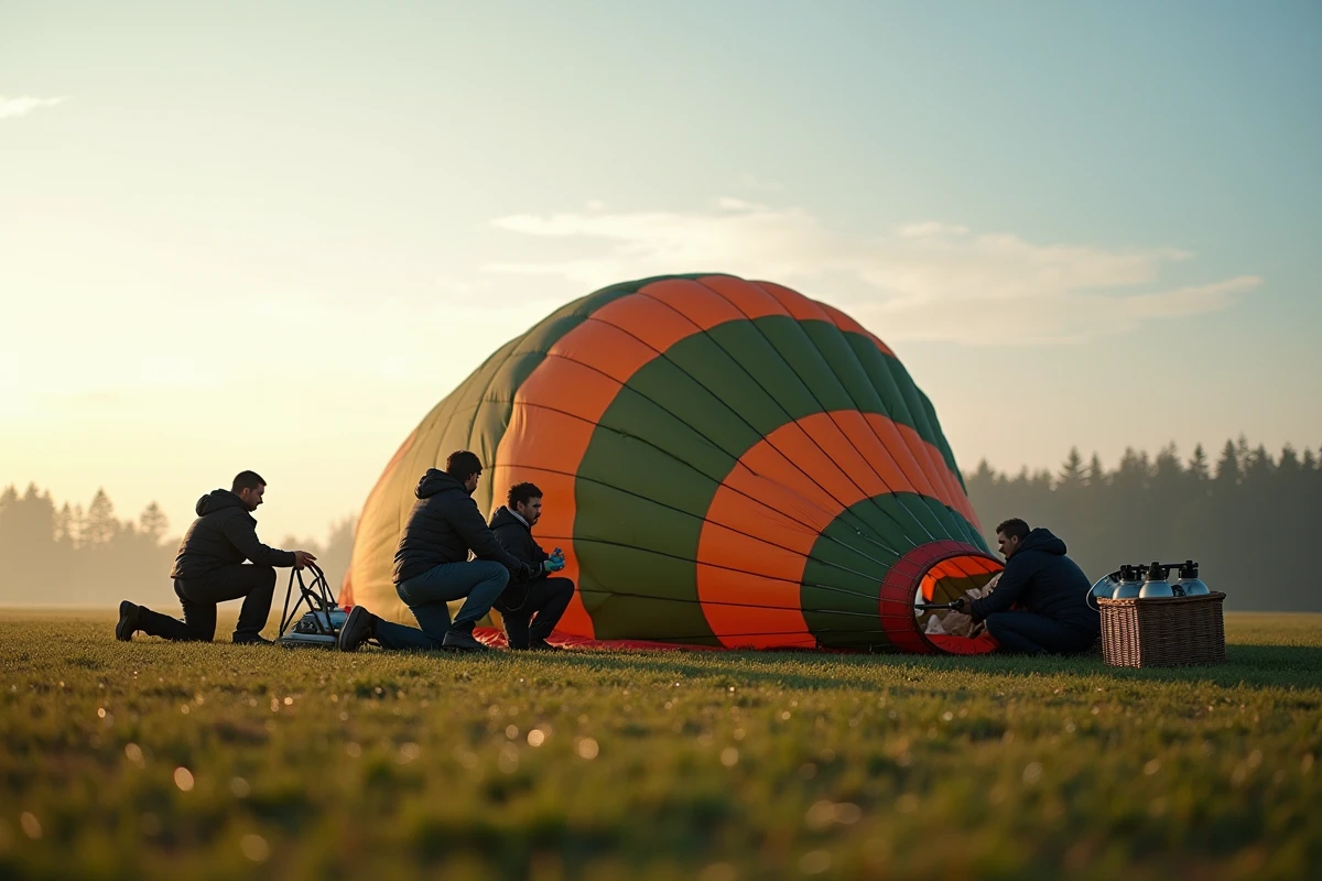 Équipe au sol préparant le gonflage d'une montgolfière dans une prairie au petit matin