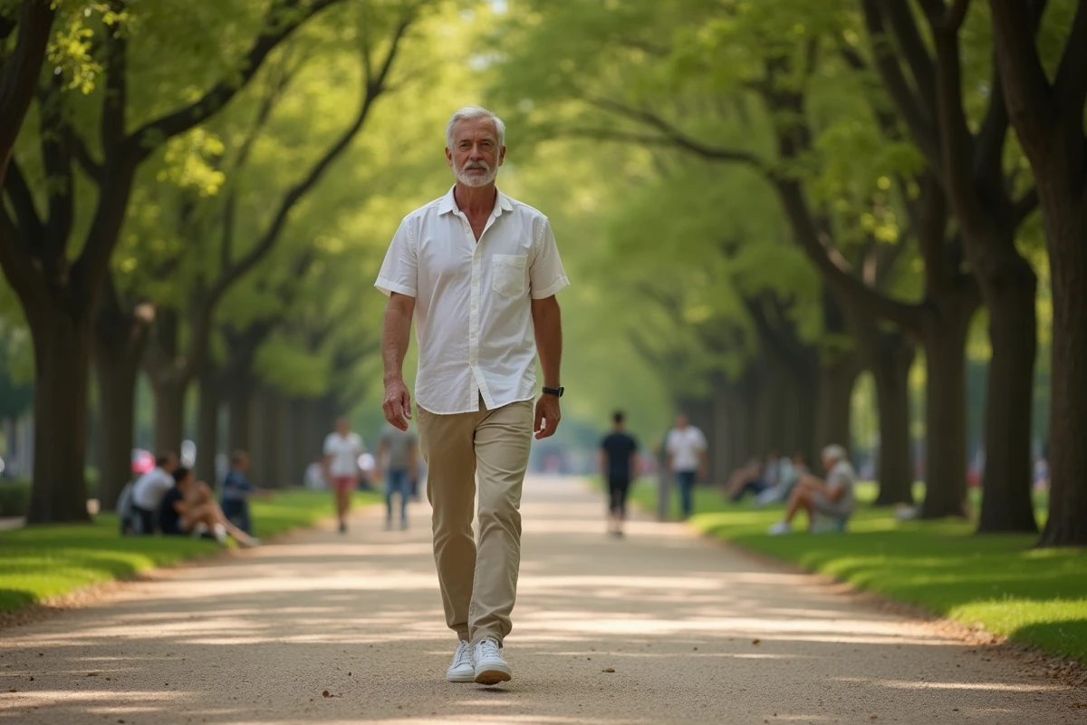Homme en tenue décontractée se promenant tranquillement sur une allée de parc urbain bordée d'arbres