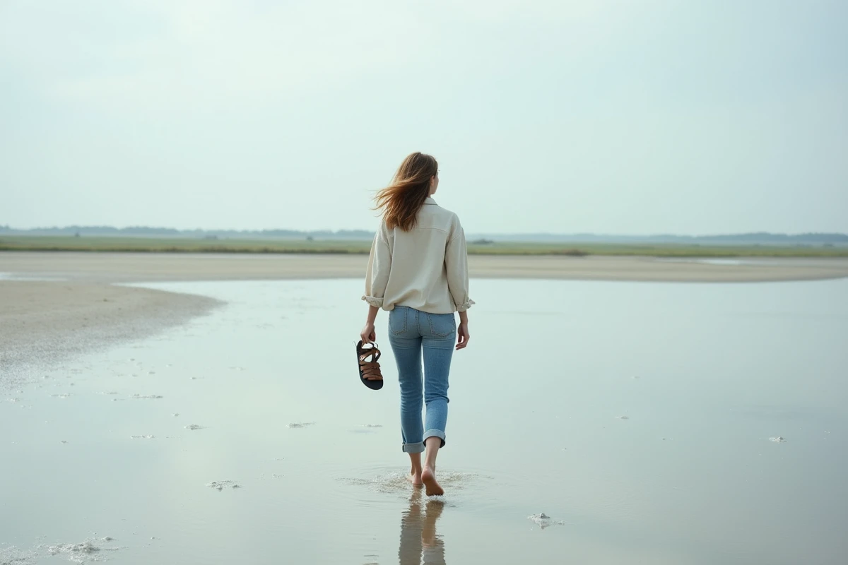 Femme se promenant pieds nus sur les vasières de la baie de Somme au printemps près de Saint-Valery-sur-Somme