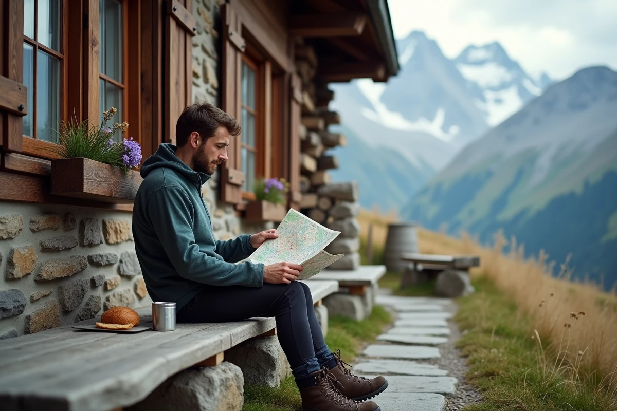 Randonneur consulant une carte topographique devant un refuge de montagne dans les Alpes suisses