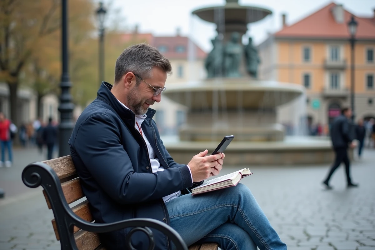 Homme recherchant des informations touristiques sur son téléphone en place publique