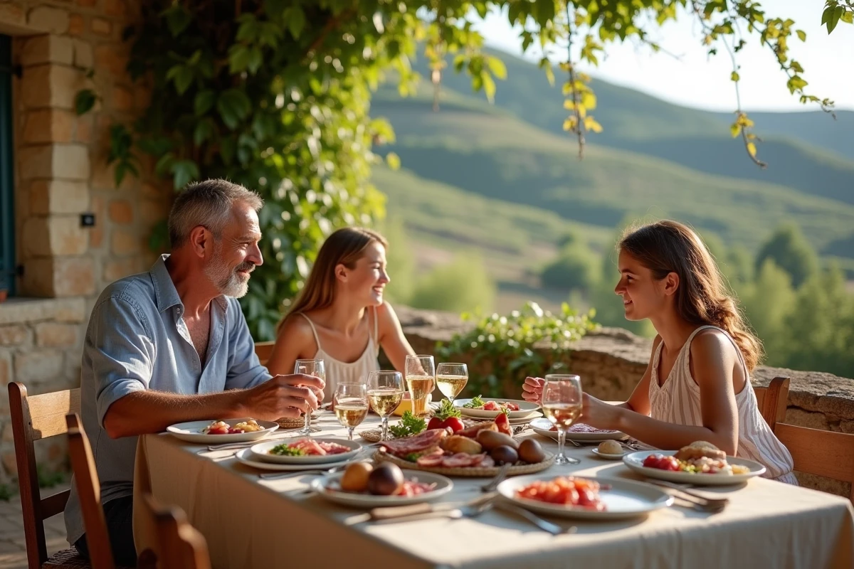 Famille dégustant des spécialités régionales en terrasse d'une ferme auberge traditionnelle en Ardèche