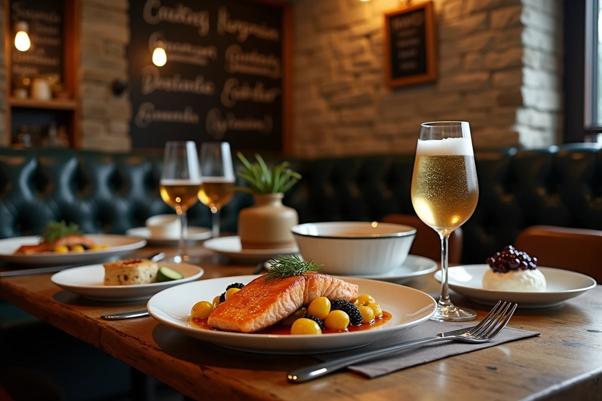 Repas typique norvégien servi dans un restaurant de Bergen avec saumon grillé, soupe de poisson et bière locale
