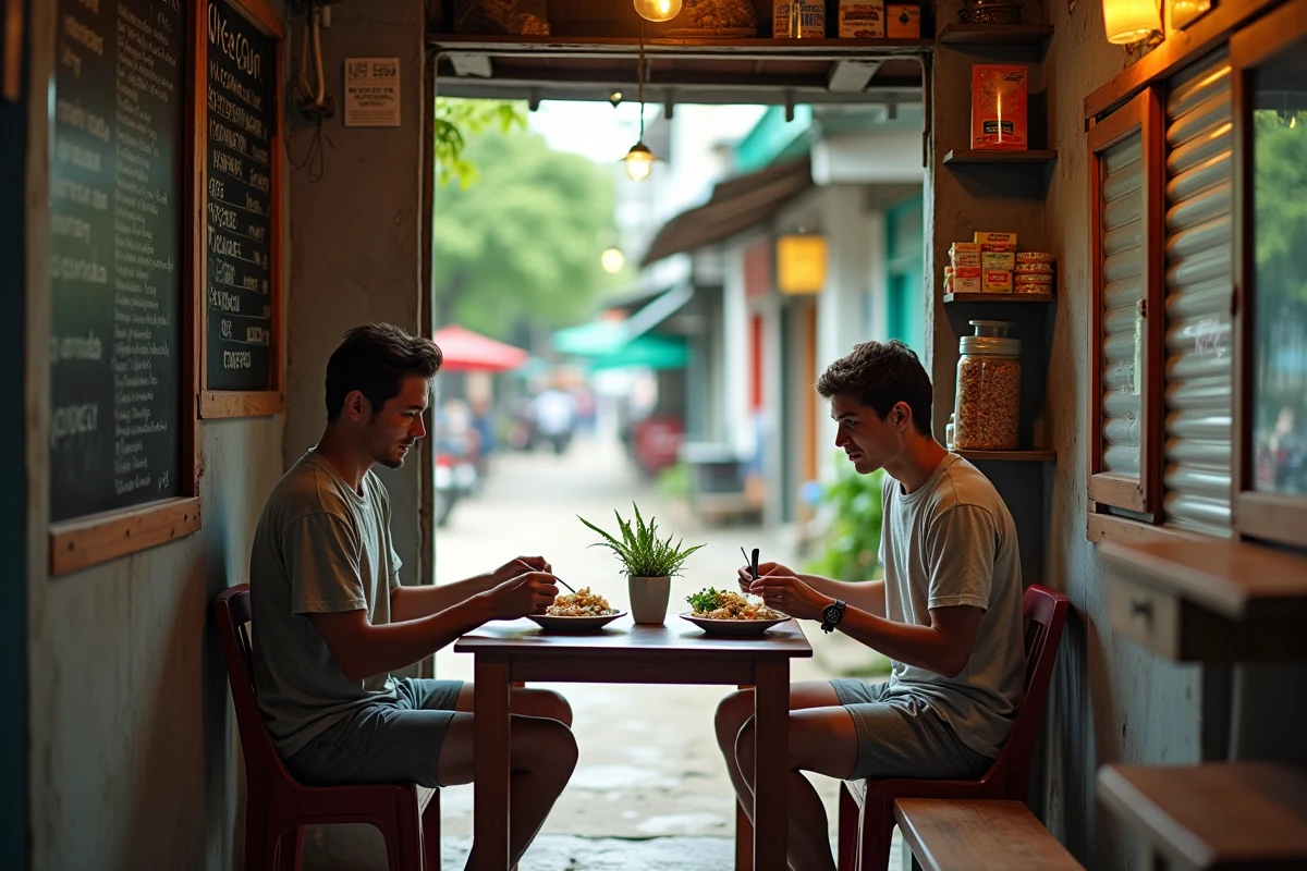 Couple de voyageurs déjeunant dans un petit warung local authentique de Padangbai avec vue sur la rue animée du village
