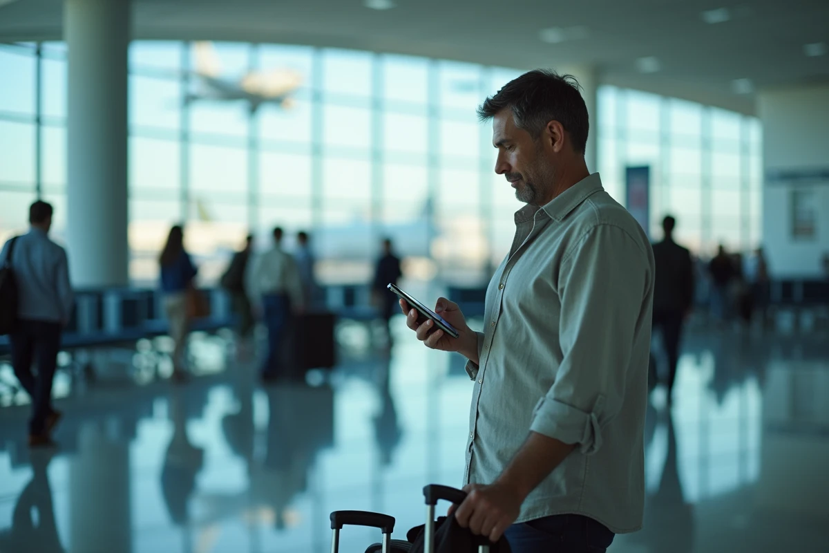 Homme réservant un hôtel sur son smartphone dans un terminal d'aéroport avec valise à roulettes