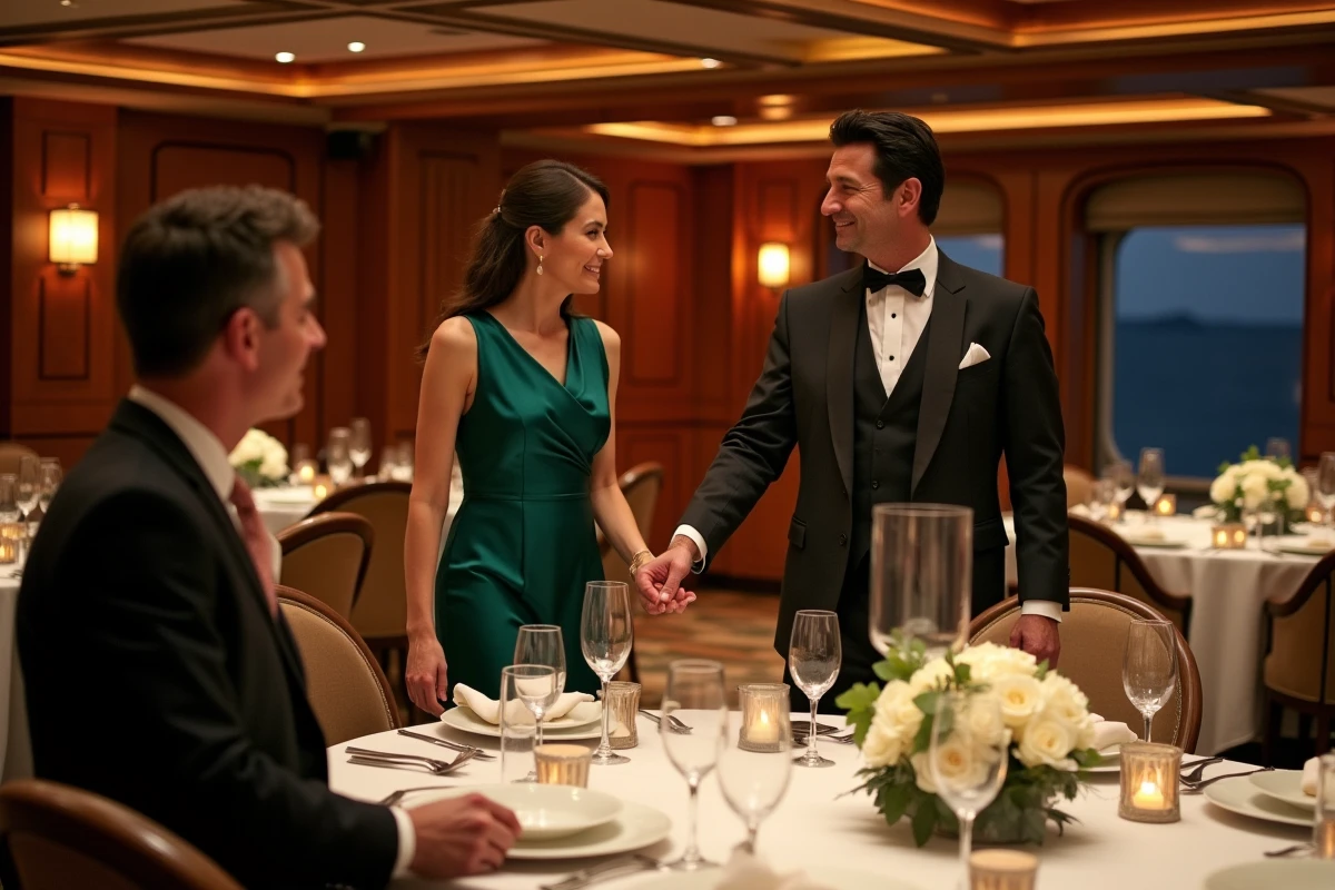 Salle de restaurant gastronomique d'un navire de croisière de luxe avec service à table formel et vue panoramique sur l'océan