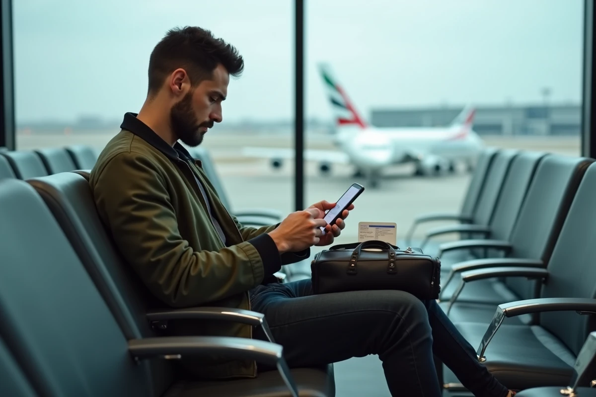 Jeune homme dans un salon d'aéroport consultant son téléphone avec un permis de conduire posé sur son bagage