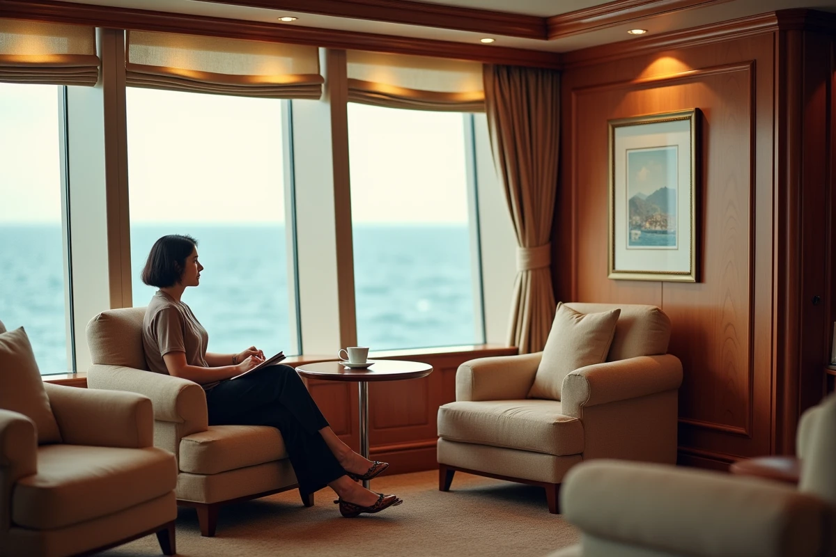 Salon panoramique élégant d'un navire de croisière tour du monde avec vue sur l'océan depuis les baies vitrées