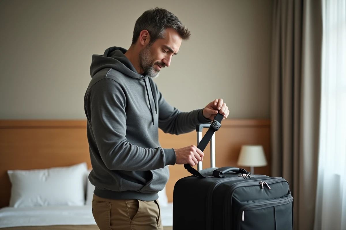 Homme bouclant une sangle noire sur une valise souple dans une chambre d'hôtel