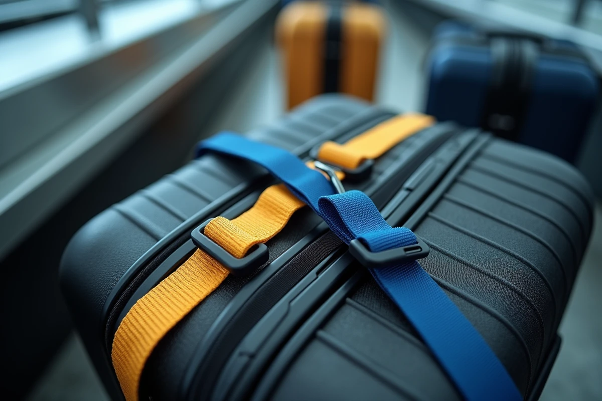 Gros plan de deux sangles colorées croisées sur une valise noire sur un tapis de bagages