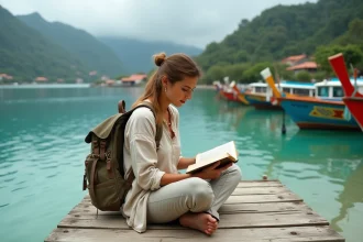 Voyageuse en slow travel assise sur un vieux ponton en bois à Padangbai, Bali, contemplant la baie avec des bateaux de pêche traditionnels colorés