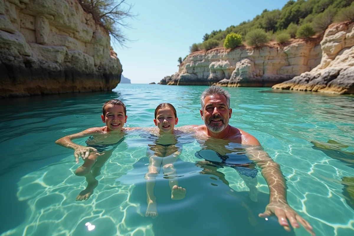 Père et adolescents en train de faire du snorkeling dans une crique rocheuse transparente sur la côte sicilienne lors de vacances en famille