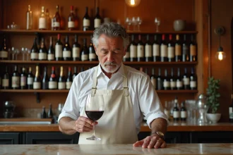 Sommelier dijonnais examinant un verre de vin de Bourgogne dans un bistrot traditionnel avec comptoir en marbre et étagères en bois