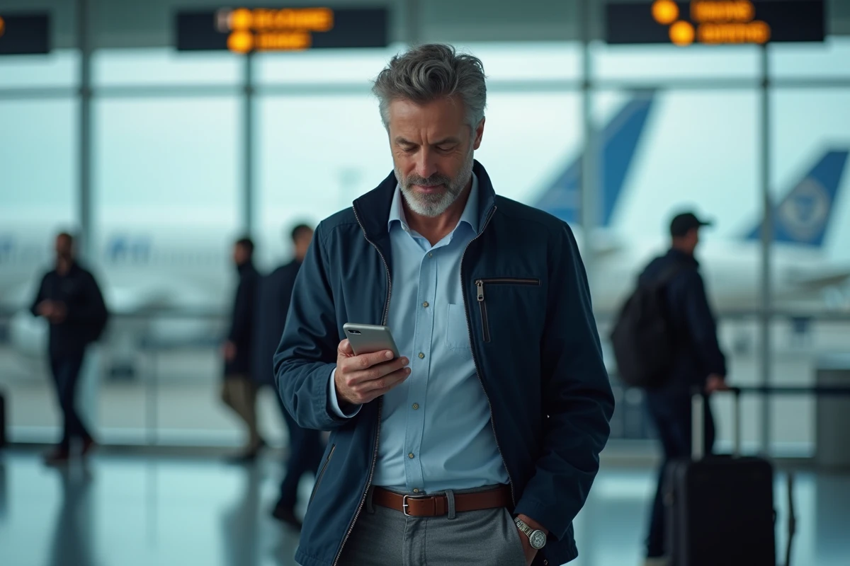 Homme souscrivant une assurance voyage Mondial Assistance sur smartphone dans un aéroport