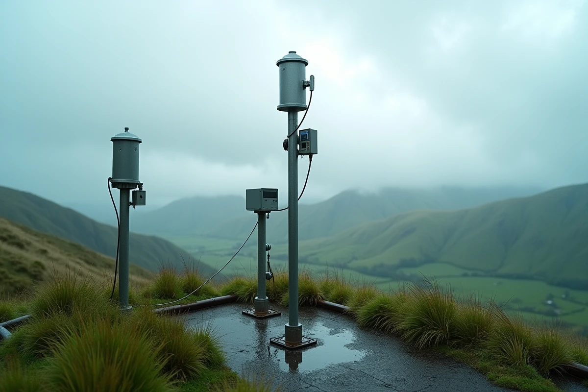Station météorologique automatique sur une colline avec pluviomètre et instruments de mesure sous un ciel nuageux