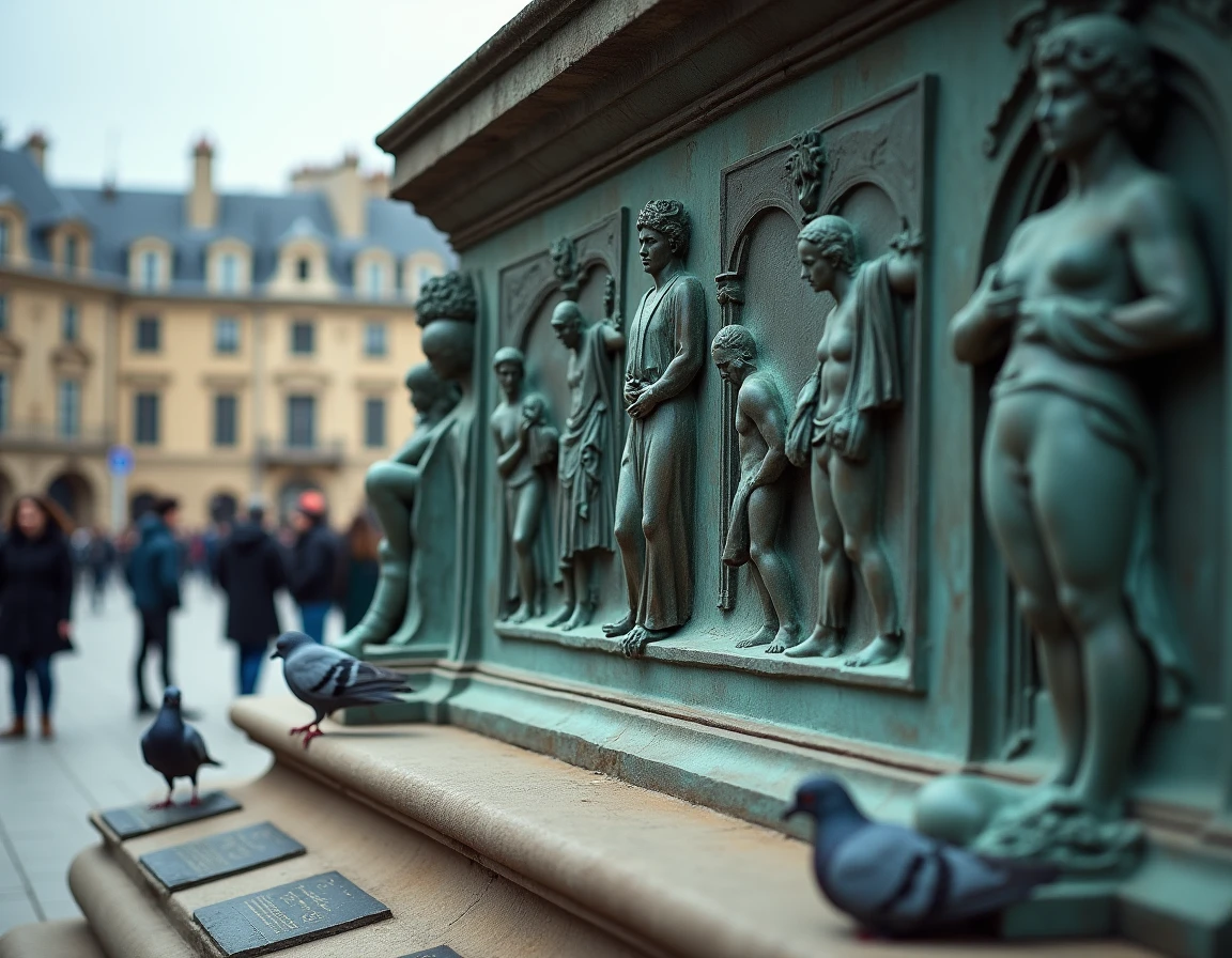 Détail des bas-reliefs en bronze de la statue de Marianne place de la République à Paris