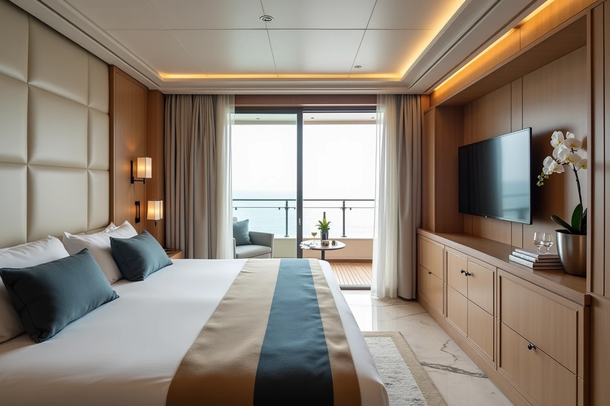 Suite privée de luxe sur un paquebot de croisière exclusive avec balcon privé, linge de lit haut de gamme et décoration raffinée