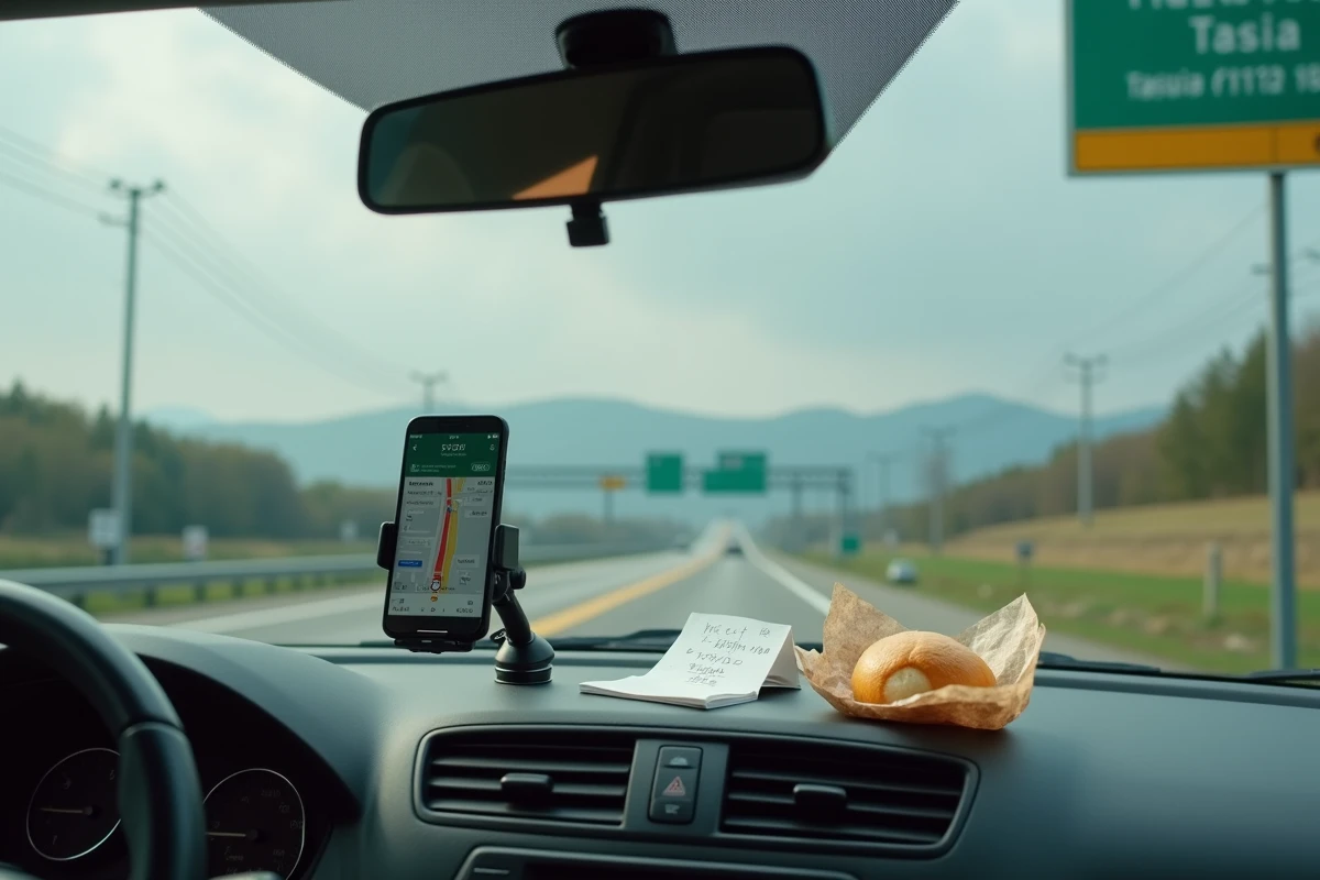 Tableau de bord de voiture avec GPS affichant le trajet complet du Japon de Hokkaido à Kyushu, avec notes de voyage et encas japonais