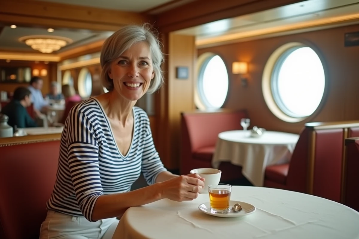 Femme buvant une tisane au gingembre dans le restaurant d'un bateau de croisière contre le mal de mer