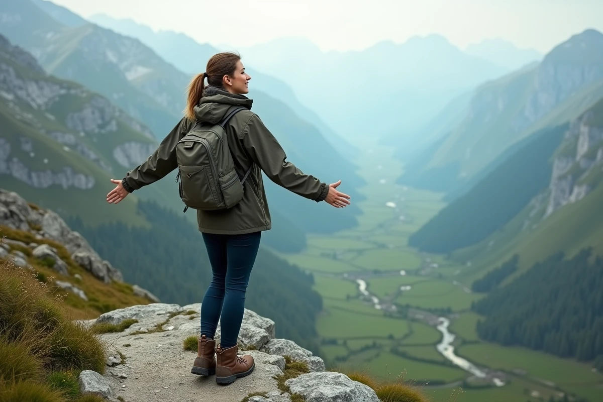 Femme randonneuse seule au sommet d'une crête montagneuse contemplant une vallée verdoyante, représentant le tourisme de nature