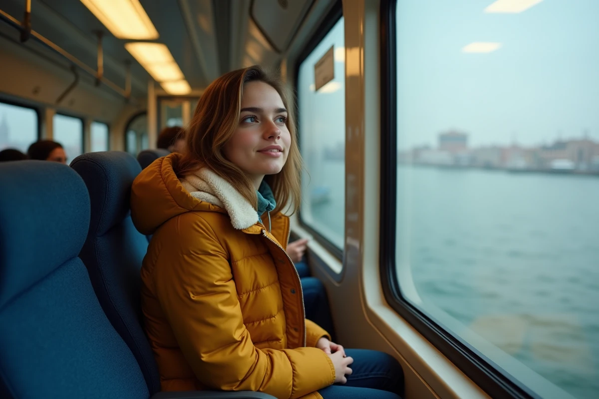 Jeune femme regardant par la fenêtre d'un train régional entre Mestre et Venise avec vue sur la lagune