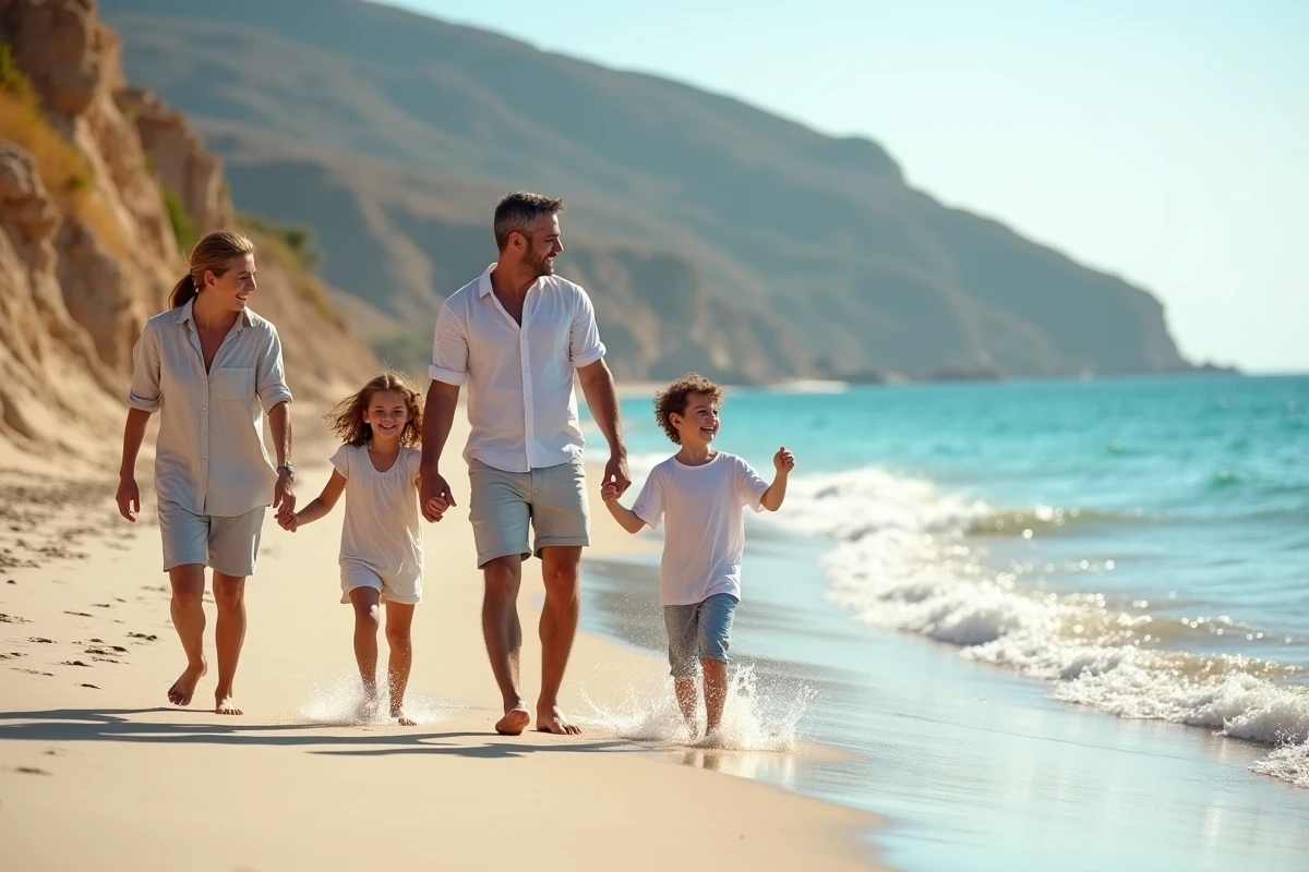 Famille en vacances marchant pieds nus sur une plage de sable en Sicile avec des eaux turquoise et des falaises rocheuses en arrière-plan
