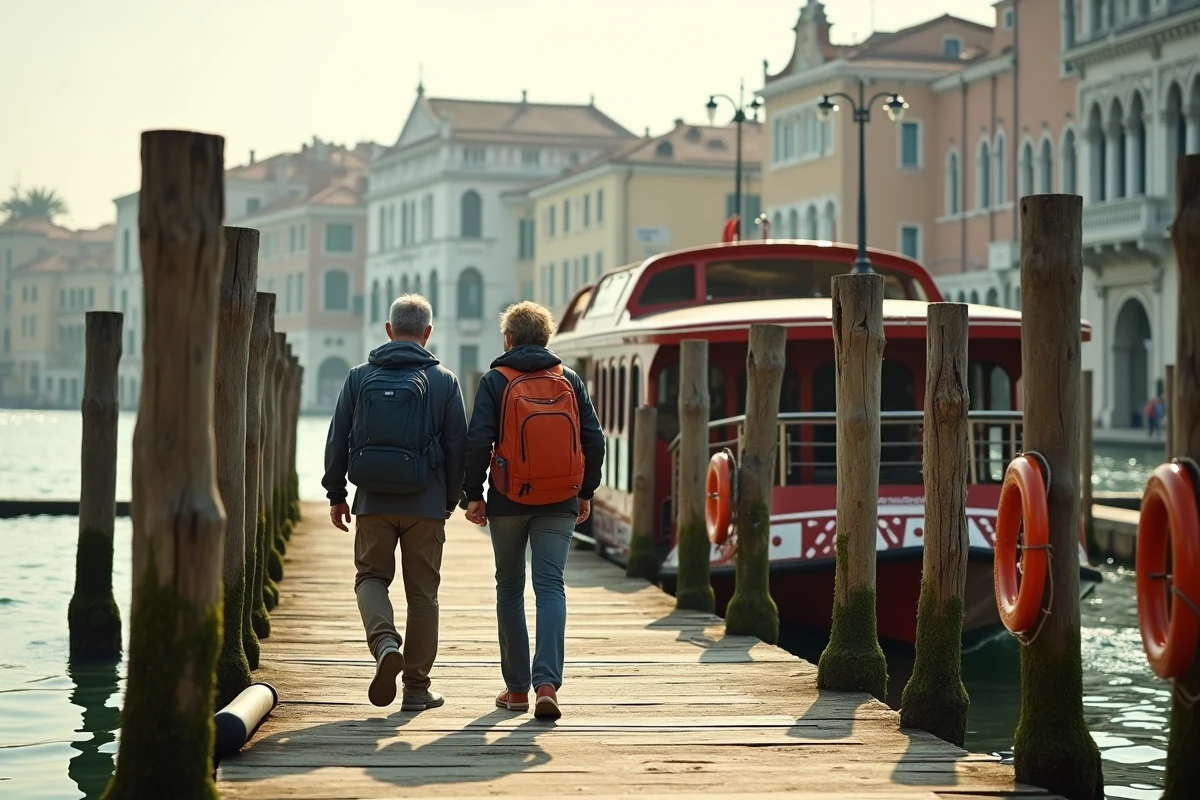Couple montant à bord d'un vaporetto ACTV à Santa Lucia avec le Grand Canal de Venise en arrière-plan