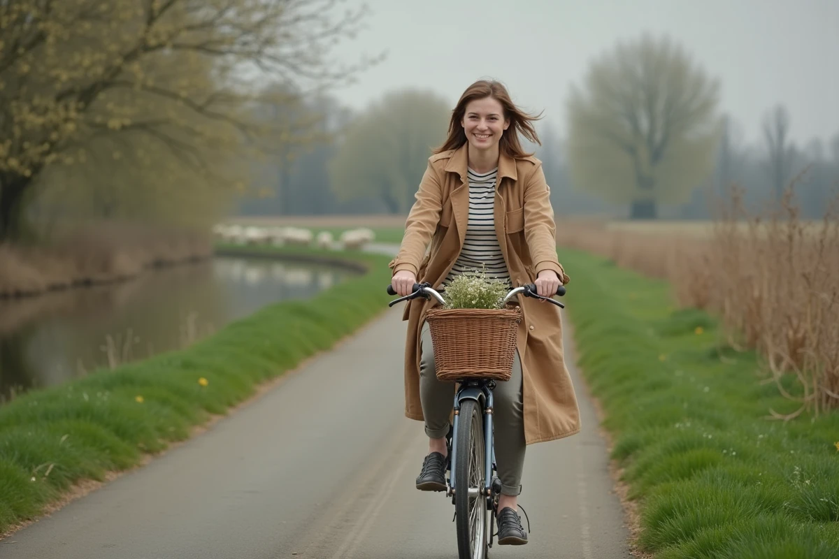 Femme à vélo sur la voie verte longeant le canal de la Somme près de Saint-Valery-sur-Somme en printemps