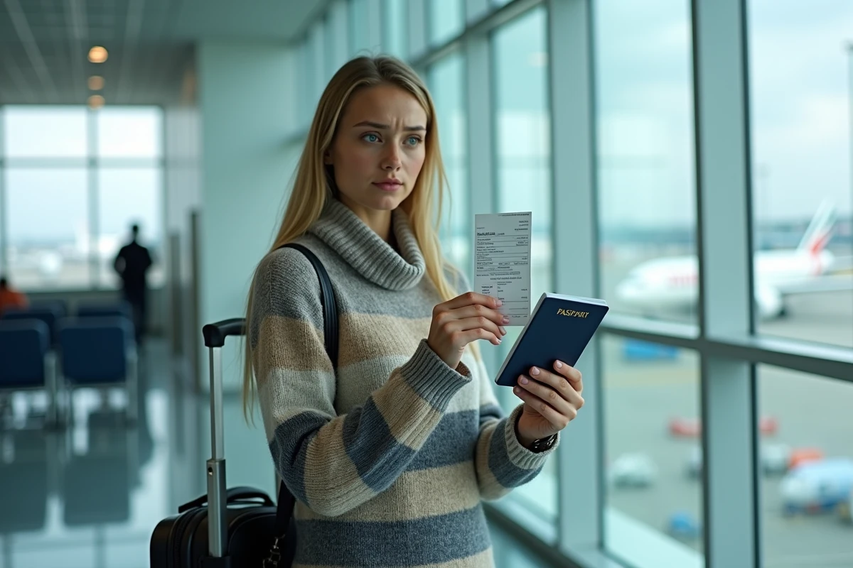 Jeune femme comparant son passeport et sa carte d'embarquement pour vérifier une erreur de nom avant l'embarquement