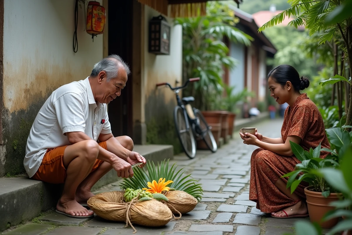 Habitant balinais préparant des offrandes traditionnelles devant un temple de village à Padangbai dans une ruelle authentique