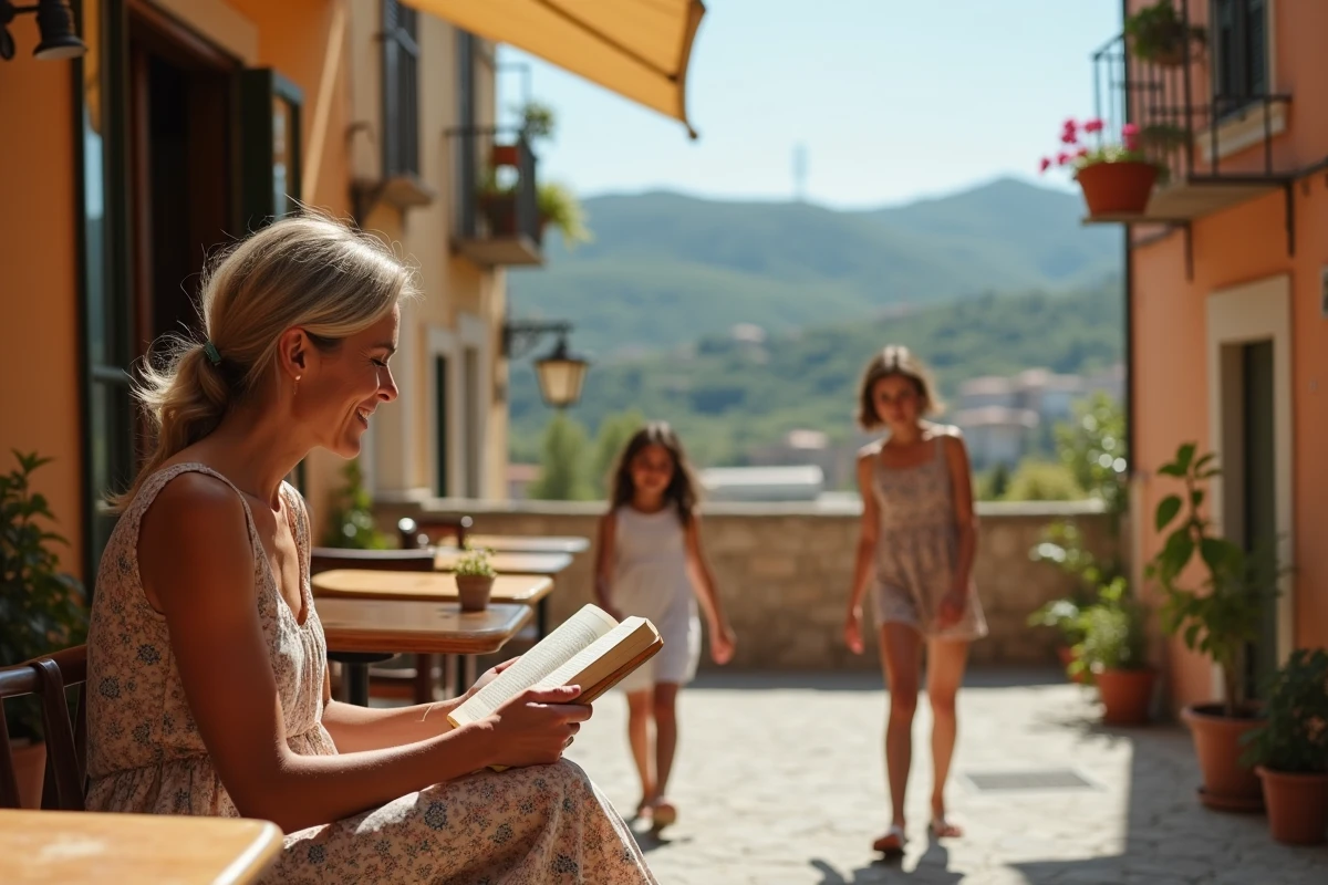 Mère en robe fleurie lisant dans un café de village sicilien perché avec des adolescents explorant les ruelles en arrière-plan