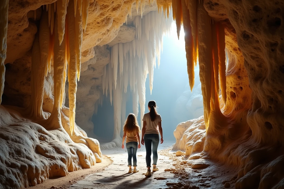 Mère et fille admirant les stalactites de l'Aven d'Orgnac, grotte naturelle en Ardèche