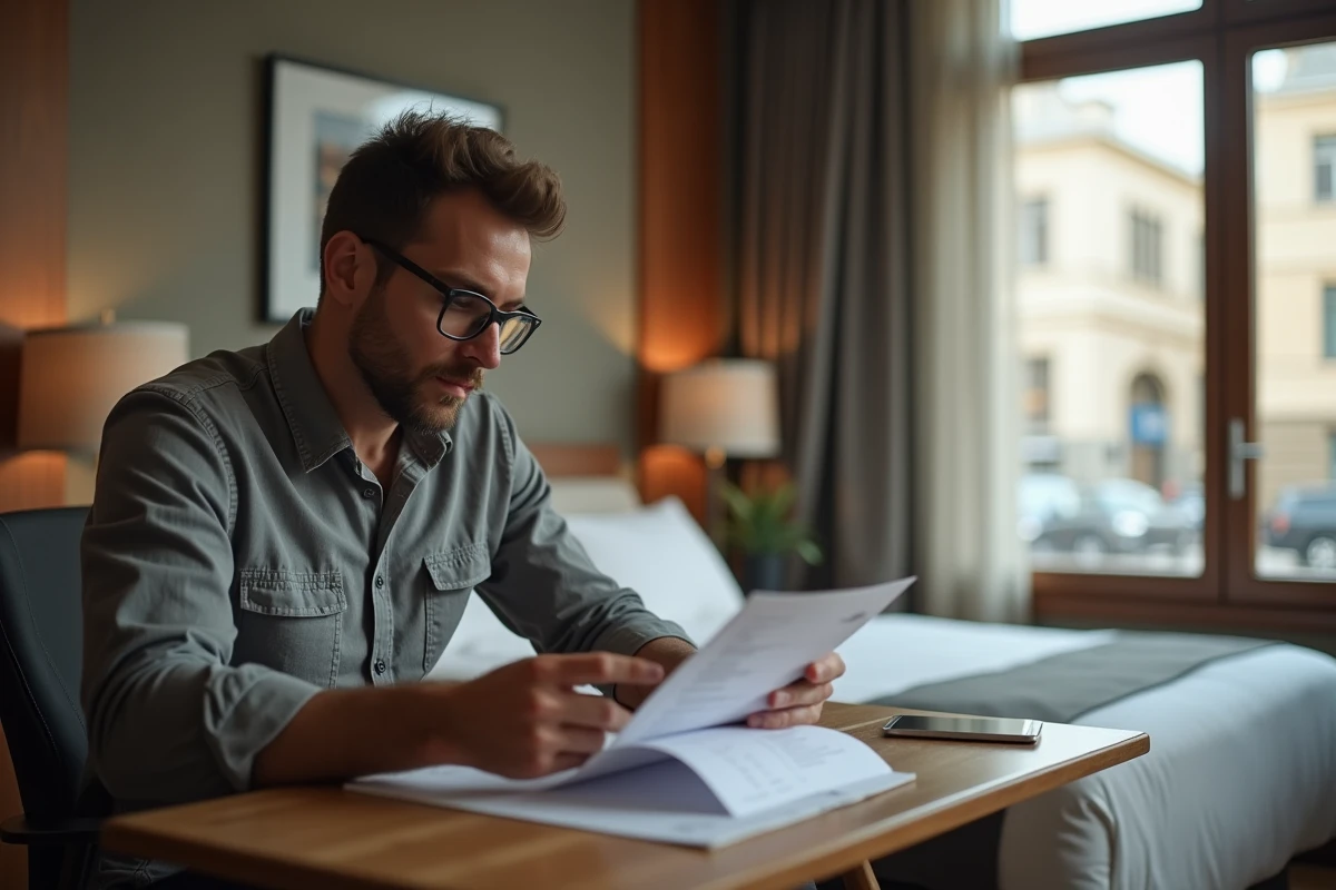 Un voyageur examine sa facture d'hôtel incluant la taxe de séjour dans une chambre d'hôtel