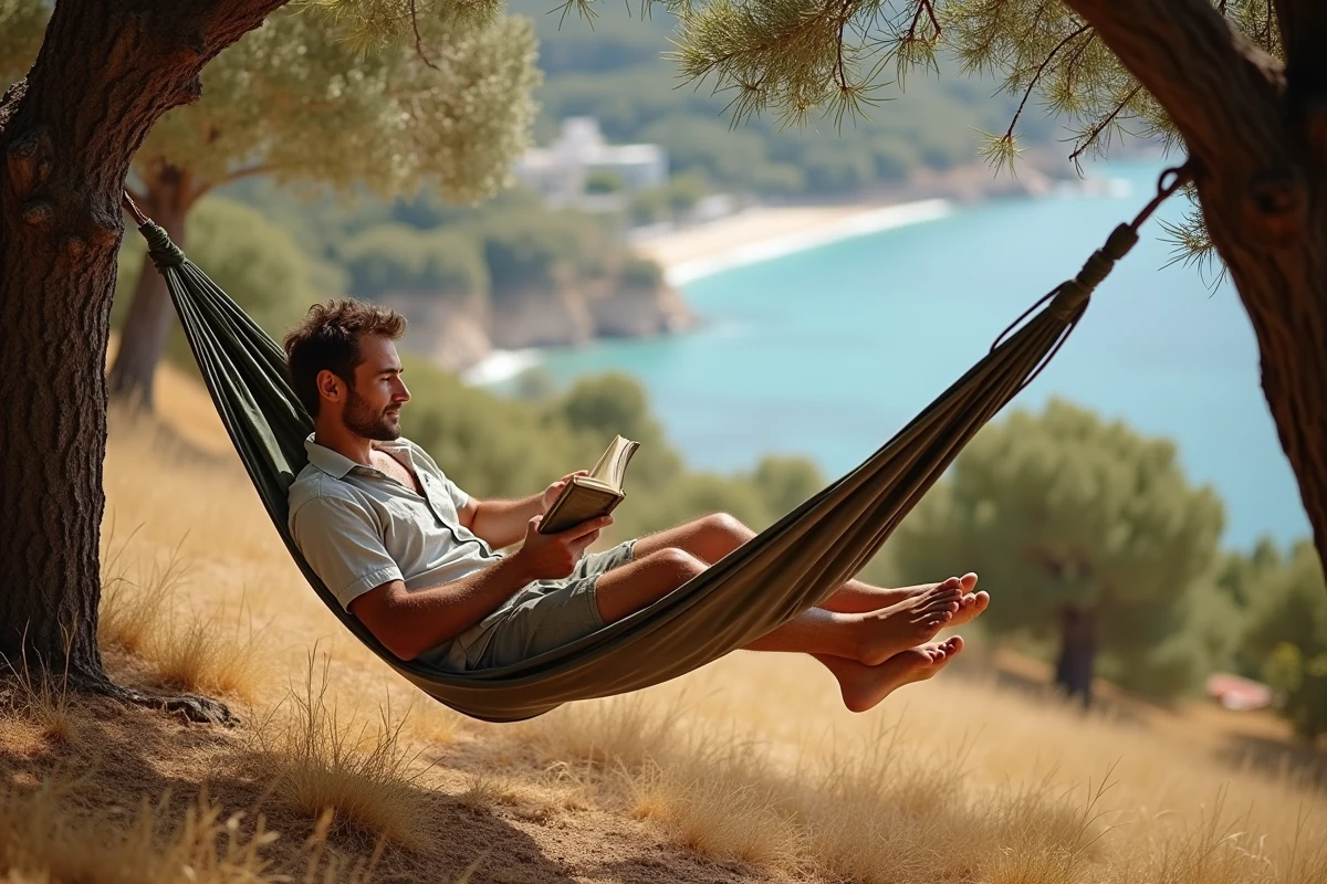 Voyageur solo se relaxant dans un hamac entre des oliviers dans un camping méditerranéen avec vue sur la mer