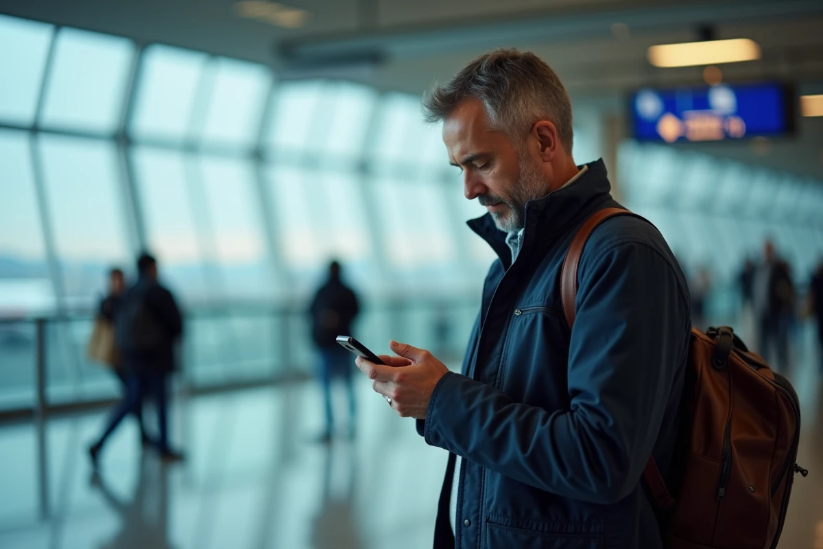 Voyageur consultant une application de comparaison de vols sur smartphone dans un terminal d'aéroport international