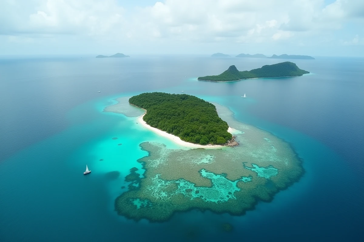 Vue aérienne de la mer des Caraïbes entourant une île des Antilles françaises avec récifs coralliens et eau turquoise